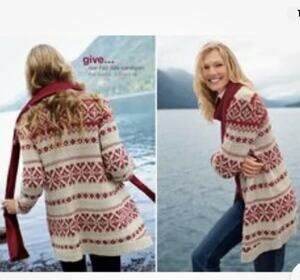 J. JILL Fair Isle Holiday Beige/Red Knit Sequin Button Cardigan Sweater Sz Med